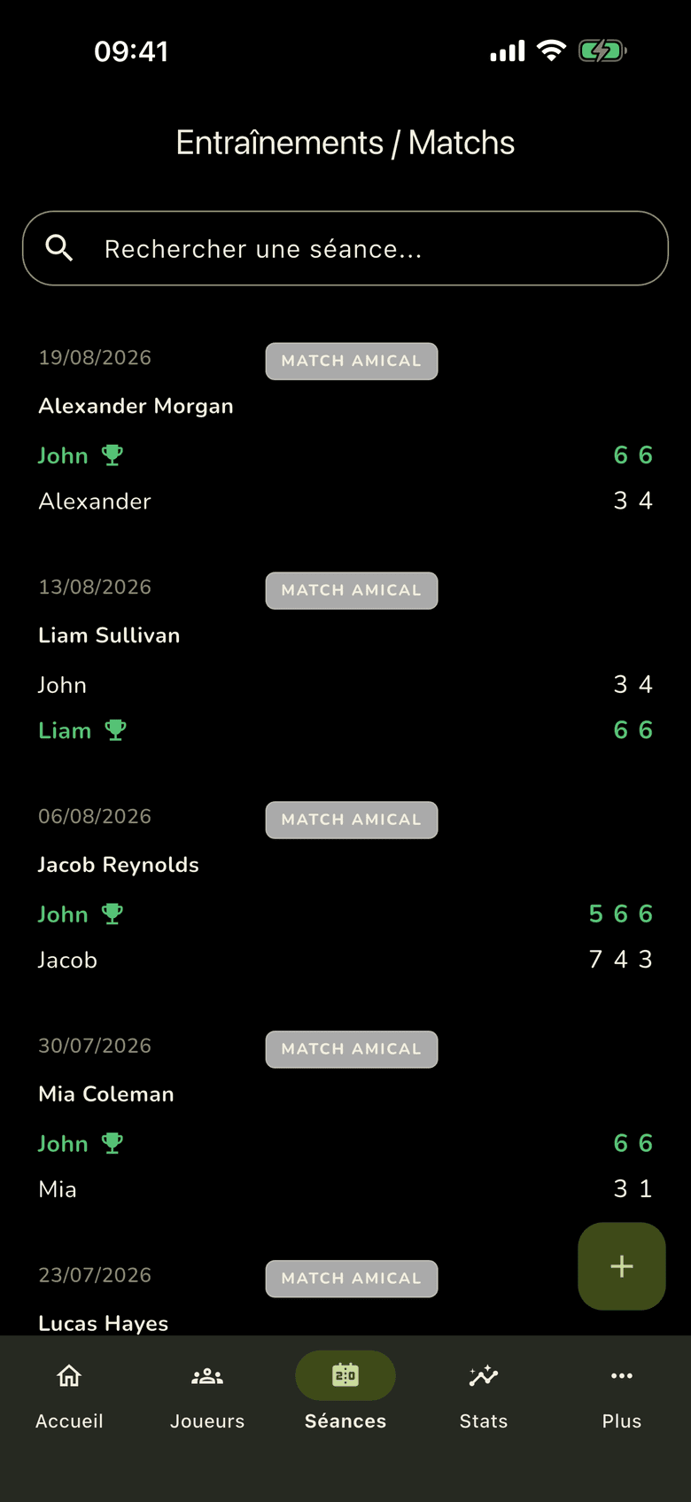 Historique des séances : liste des matchs avec leurs scores