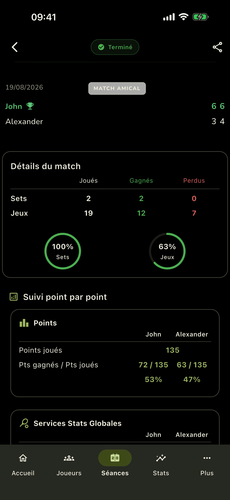 Détail d'un match : score set par set, durée et conditions de jeu